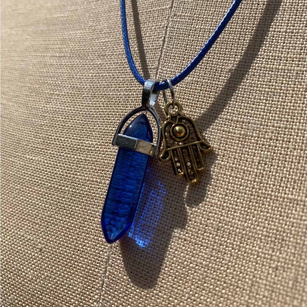 Handmade Cobalt Blue Resin Crystal Amulet Necklace & Hamsa Hand Charm - Picture 8 of 11